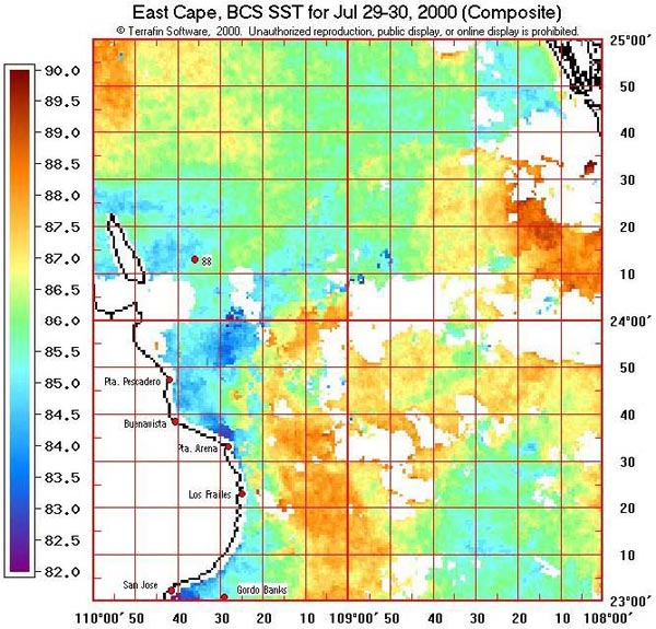 Sea Surface Temperature (SST) water temperature map for East Cape, Baja California Sur, Mexico.