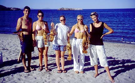 Students with lobsters at Bahia de los Animas, south of Bahia de los Angeles, Baja California, Mexico.