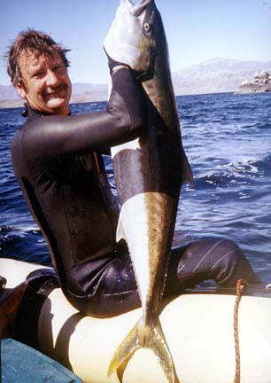 Marv Sherril with yellowtail at Bahia de los Animas, south of Bahia de los Angeles, Baja California, Mexico.