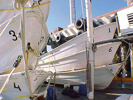 Stacked pangas on deck of Jose Andres panga mothership, Baja California, Mexico.