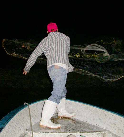 Photo of panguero throwing ataraya net for sardinas, Cabo San Lucas, Mexico.