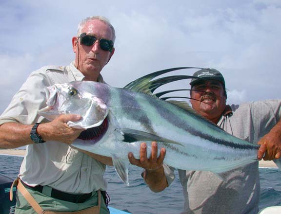 Photo of Bill Mathias with roosterfish caught at La Paz, Mexico.