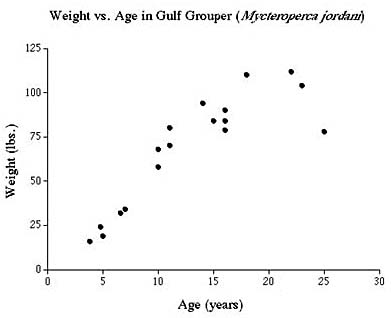 Age vs. growth data for gulf grouper caught in Mexican waters.