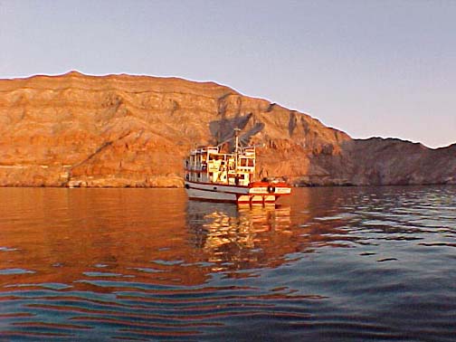 San Felipe panga mothership Celia Angelina at Isla Tiburon, Sea of Cortez, Mexico.