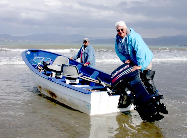 Jay Johnson and Beto Zamora launching a Vonny's Fleet panga at Ensenada, Baja California, Mexico.