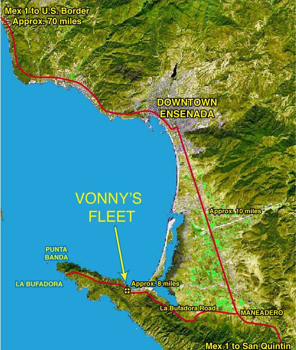 Map showing Vonny's Fleet location at the south end of Ensenada, Baja California, Mexico.